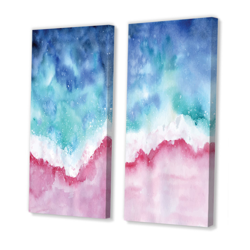 «Abstract Ocean Pink and Blue Waves», ensemble de 2 peintures sur toiles, H 20 po x l 24 po x P 1 po, Toile tendue