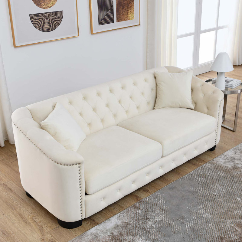 Canapé en velours Chesterfield 77 po, Beige