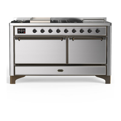 Cuisinière à double combustible ILVE Majestic III Series 60 po avec 7 brûleurs scellés, plaque de cuisson, table française (propane liquide, porte pleine)