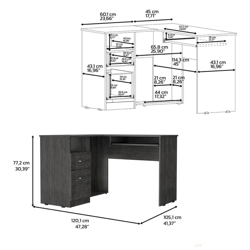 2-Drawer 1-Shelf L-Shaped Computer Desk(Desk), Gray