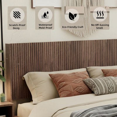 Modern Farmhouse Wood Headboard King Size 80.2 in Wide Wall Mounted Fluted Panel Wingback - Walnut