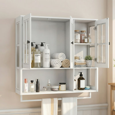Three-Door Wooden Bathroom Cabinet With Glass-Door Medicine Cabinet And Towel Bar. Suitable For Entryways, Living Rooms, Bathrooms, And Dining Areas.
