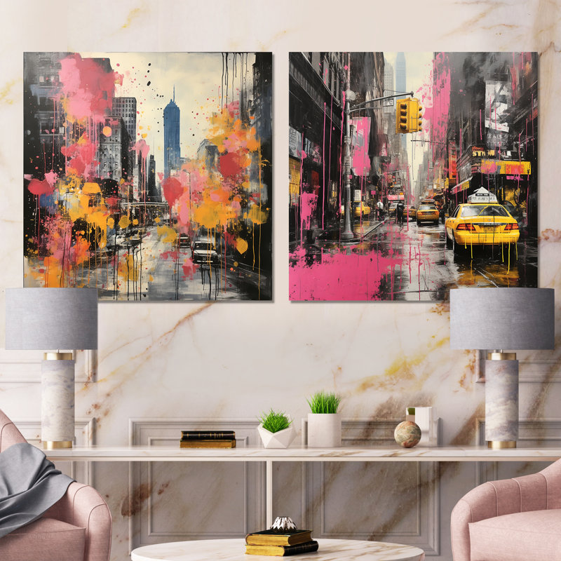 Jaune et rose Pittsburgh City I - ensemble d'art mural sur toile Pittsburgh 2, Toile tendue, H 30 po x l 61 po x P 1 po