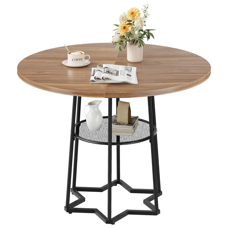 Round Dining Table For 4, 38.6 Inch Wood Dining Room Table With Storage Shelf, Brown