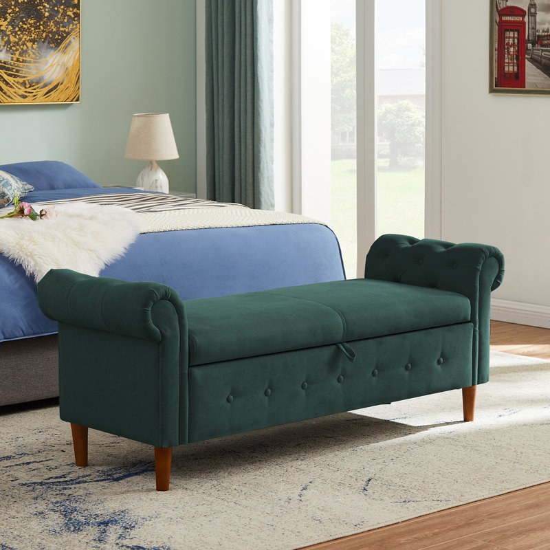 Verdon Linen Blend Upholstered Bench with Flip Top, Green