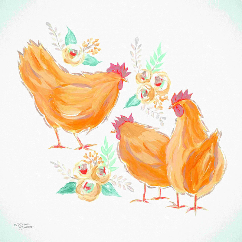 Trio de coqs floraux - Peinture, H 30 po x l 30 po, Non, Toile tendue