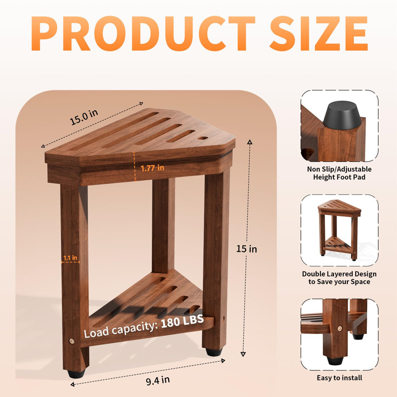 Shower Foot Rest 15 In, Acacia Shower Stool For Shaving Legs,Corner Bath Shower Bench With Starage Shelf For Inside Small Shower Spaces
