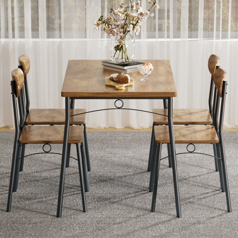 Whipton 4 - Person Dining Set, 5-Piece Rustic Brown Dining Table Set for 4, Industrial Kitchen Table and Chairs Set with Metal Frame, Space-Saving Dining Room Furniture (Set of 5)