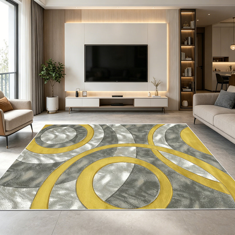 1PC Modern Overlapping Circle Geometric Gold Grey Silver Tone area rugs for Living Room, Soft and Comfortable, Suitable for all seasons, easy-to-maintain, machine washable Indoor floor mat, Under Table Farmhouse suitable for Dining Room, Bedroom,
