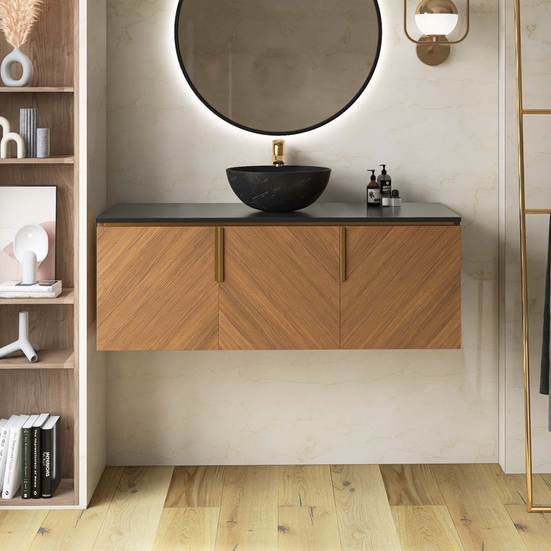 Meuble-lavabo mural en contreplaqué avec comptoir en pierre frittée noire et lavabo et portes ronds en céramique, couleur grain de bois chêne brun