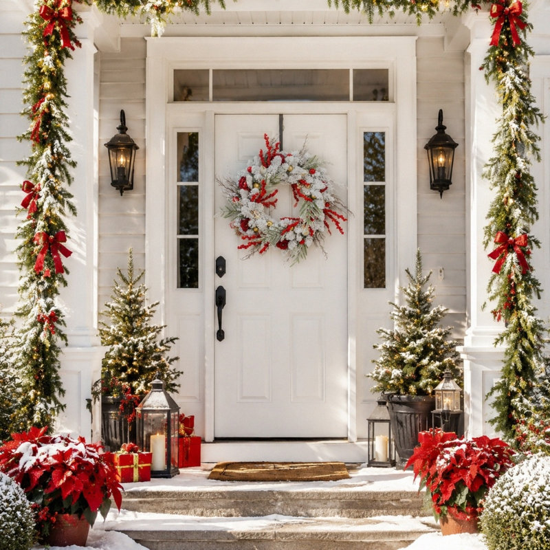 Couronne de Noël enneigée 17,7 pouces avec roses rouges et baies, décor de porte de vacances d'hiver
