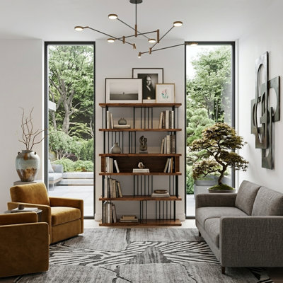 Hathor Modern Industrial Bookcase With Enclosed Display Shelf – Antique Walnut