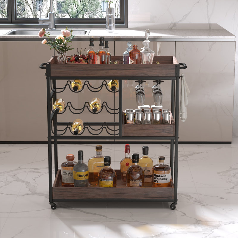 Chariot de service moderne à 3 niveaux avec roulettes verrouillables, chariot à vin avec support en verre pour l'intérieur et l'extérieur