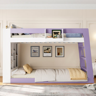 Twin Over Twin XL Wooden Bunk Bed with Storage Shelves, Guardrail Basket & Wide-Step Ladder, White+Light Purple