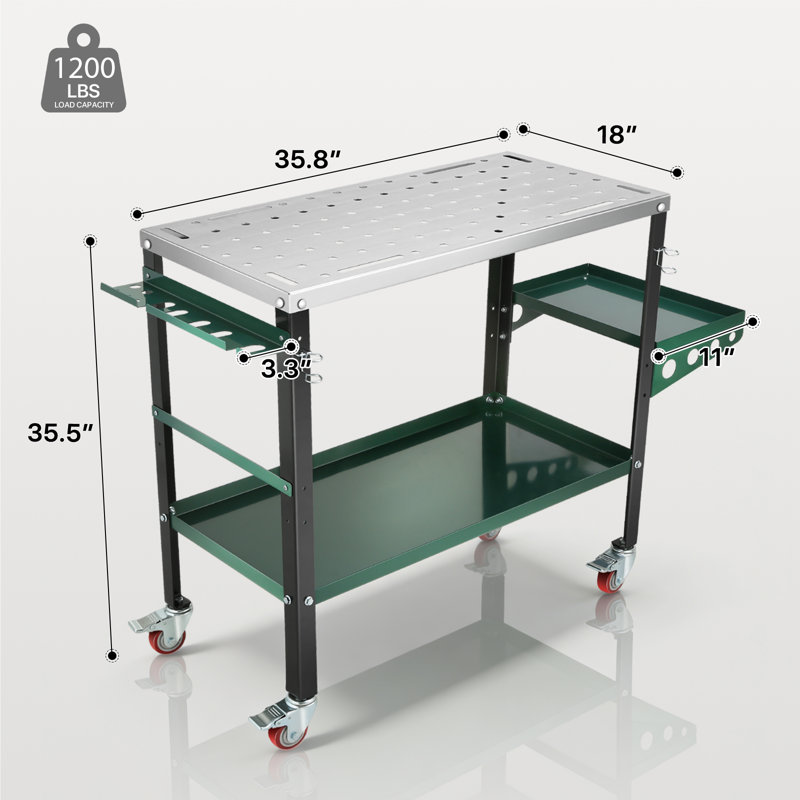 Table de soudage 36 po x 18 po avec roulettes, table de soudage avec plateau de rangement et panneau perforé