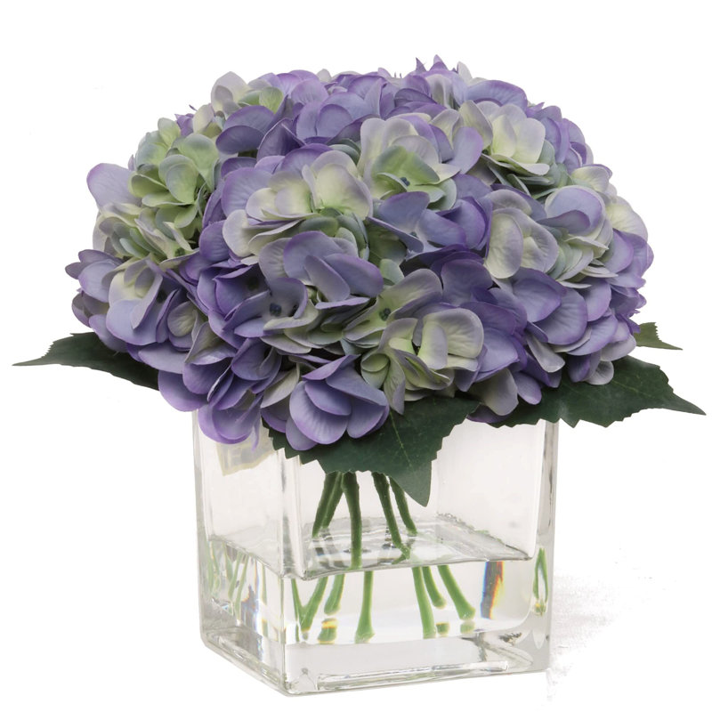  Paquet de 3 hortensias dans un vase en verre avec de l'eau artificielle - Élégante décoration pour la maison et le bureau
