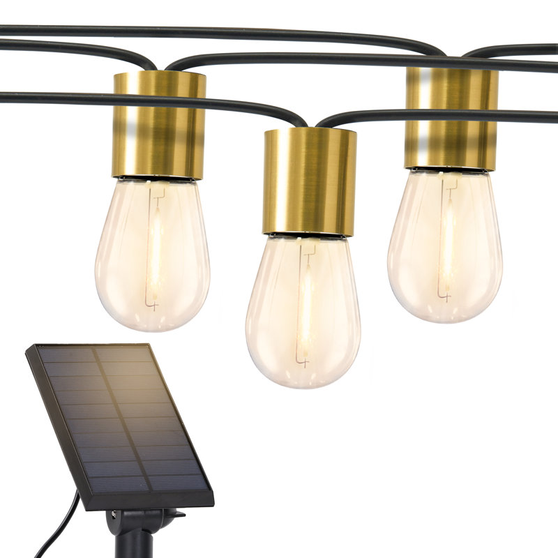 Glow Series 28 ft. Solar Outdoor Patio LED String Lights with 12 Warm White S14 Edison Bulbs, Gold Brass Sockets, Weatherproof