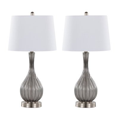 Jenny 27'' Contemporary Glass Table Lamp Set of 2 with Clear Smokey Crackle Glass Base, Brushed Nickel Hardware and White Linen Shade