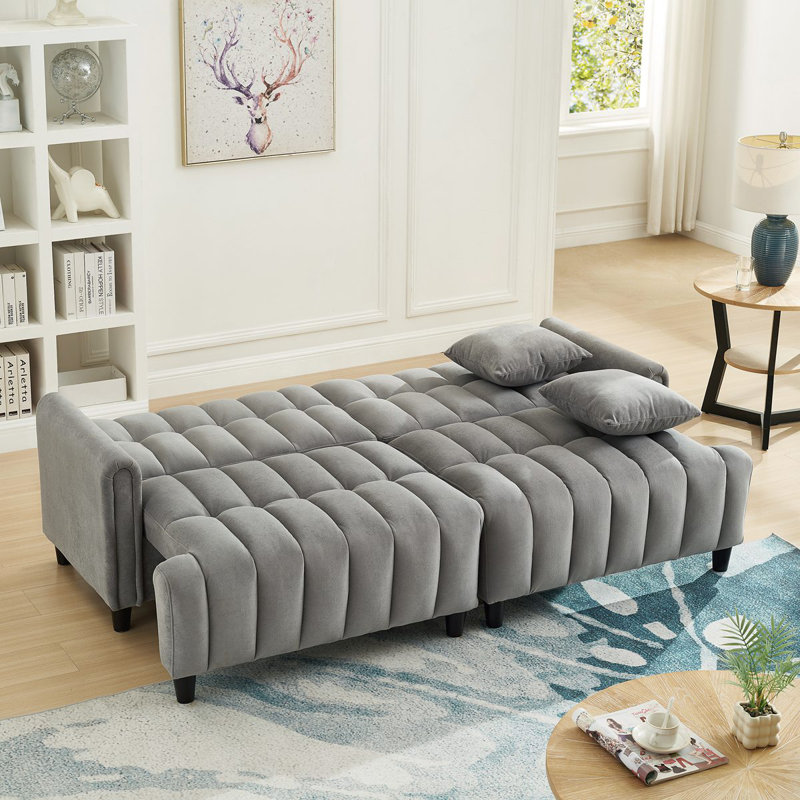 83'' Futon Sofa Bed, Polyester Fabric Comfy Futon Couch Bed With 2 Square Pillows, Convertible Sleeper Sofa With Adjustable Backrest,  Modern Loveseat Sleeper For Living Room