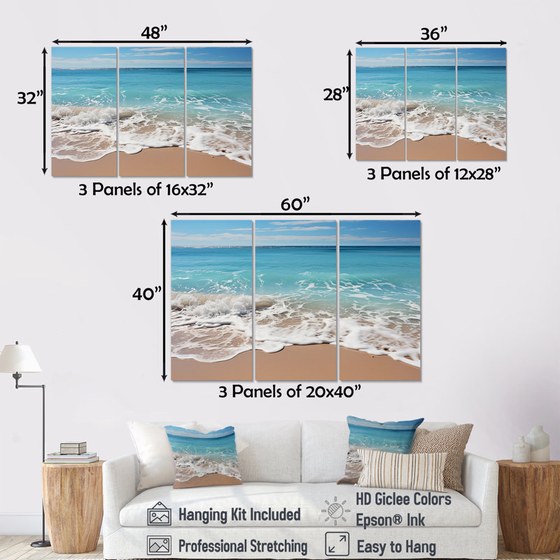 Shoreline Shadows On Beautiful Beach - ensemble d'art mural côtier, Toile tendue, H 28 po x l 36 po x P 1 po