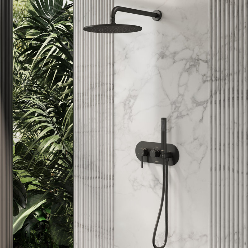 Système de douche à 2 fonctions Angelsey avec valve à pression équilibrée, pomme de douche ronde solide de 12 pouces et douche à main en noir mat