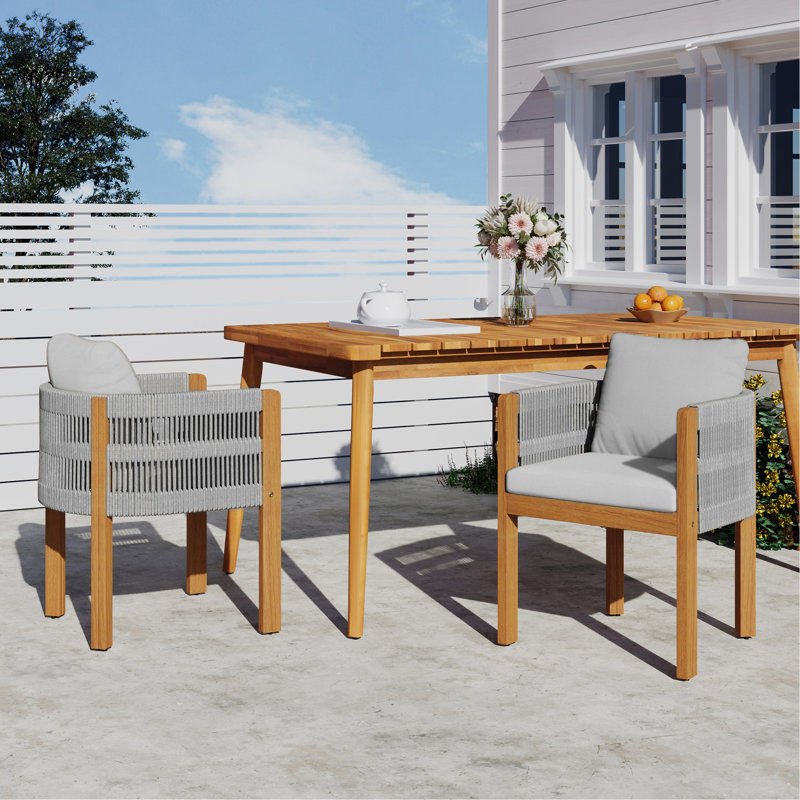 Ensemble de 2 chaises d'extérieur en bois d'acacia avec poignées en corde brunes, coussins lavables et imperméables, capacité de 400 lb