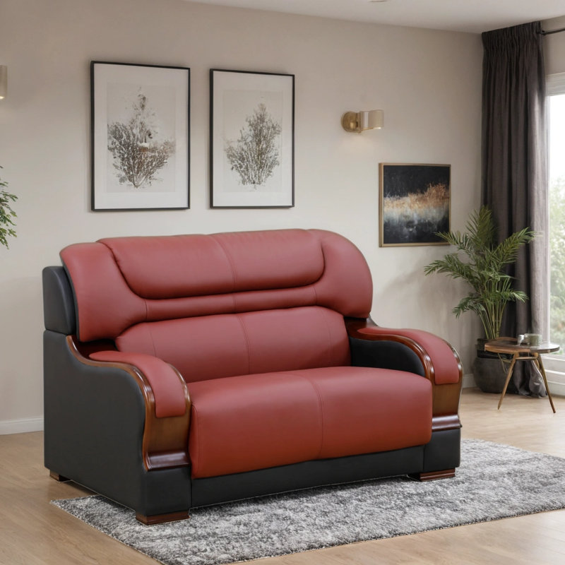 Causeuse 57 po en cuir de vache véritable 57 po avec détails en bois, canapé 2 places moderne, Rouge