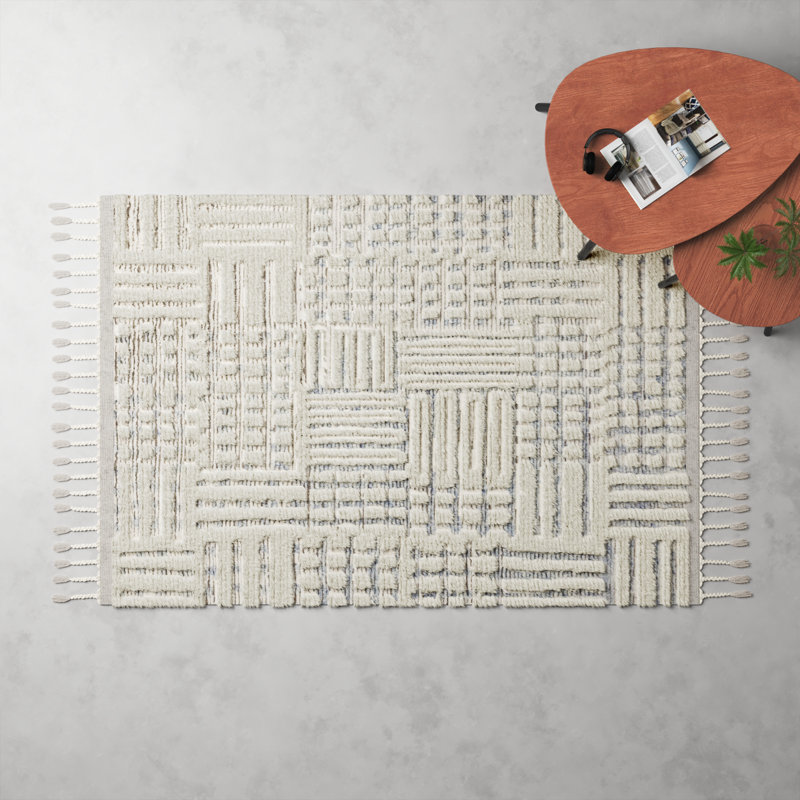 Benjamin Geometric Hand Knotted Ivory/Sky Area Rug, Rectangle 5'6" x 8'6"