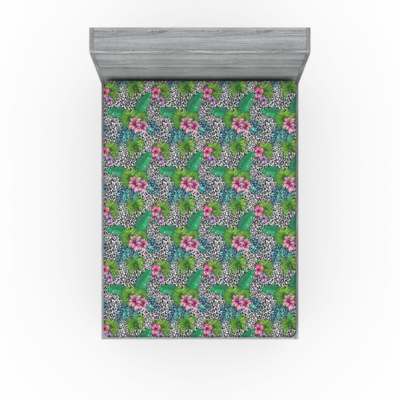 Ambesonne Nature Fitted Sheet Leaves Botanical Style Art, Fern Green/Multicolor Floral, Queen Fitted Sheet