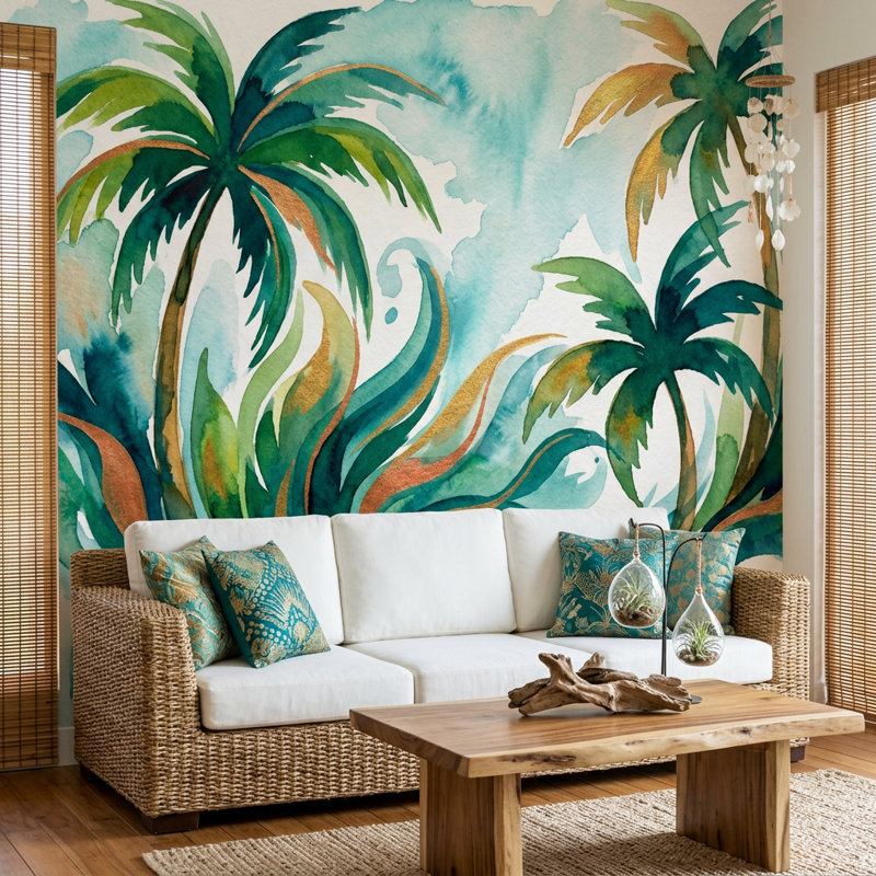 Papier peint tropical avec décoration murale aquarelle palmiers, 140 po x 108 po, Texturé non collé