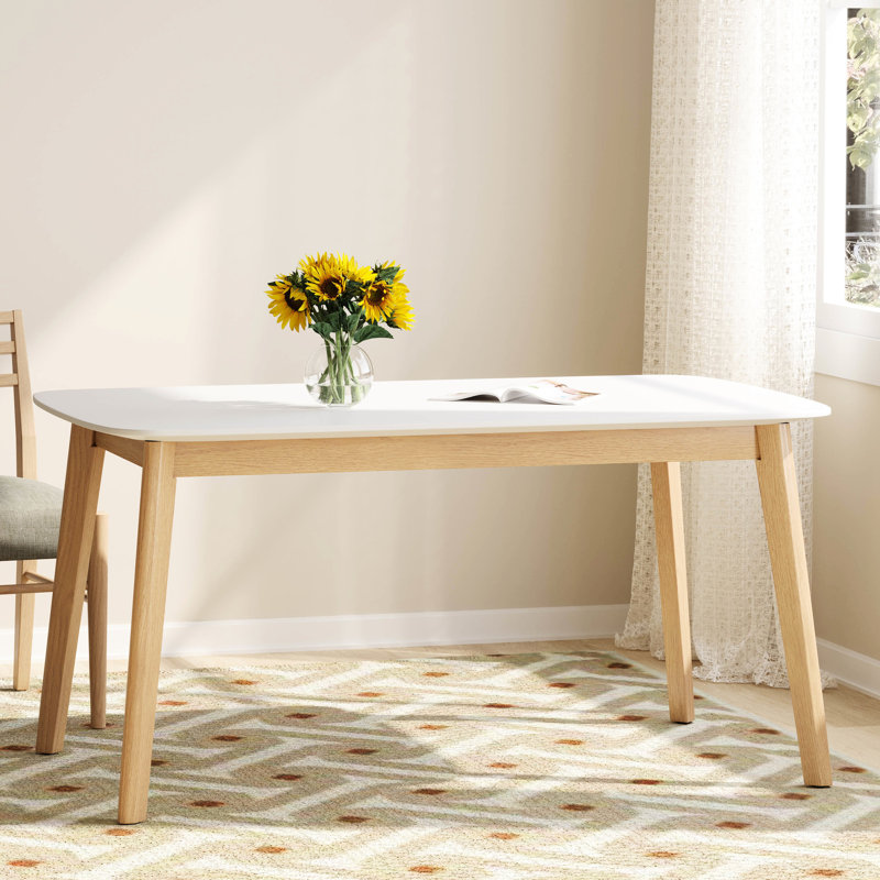 Charmante table de salle à manger de style Mid-Century, surface en faux bois et pieds en bois d'hévéa massif, abat-jour en chêne blanc, l 58,08 po x P 35,12 po H 29,02 po