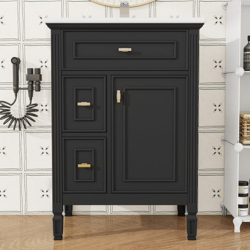 Meuble-lavabo avec lavabo, tiroir rabattable et tablette réglable, Noir