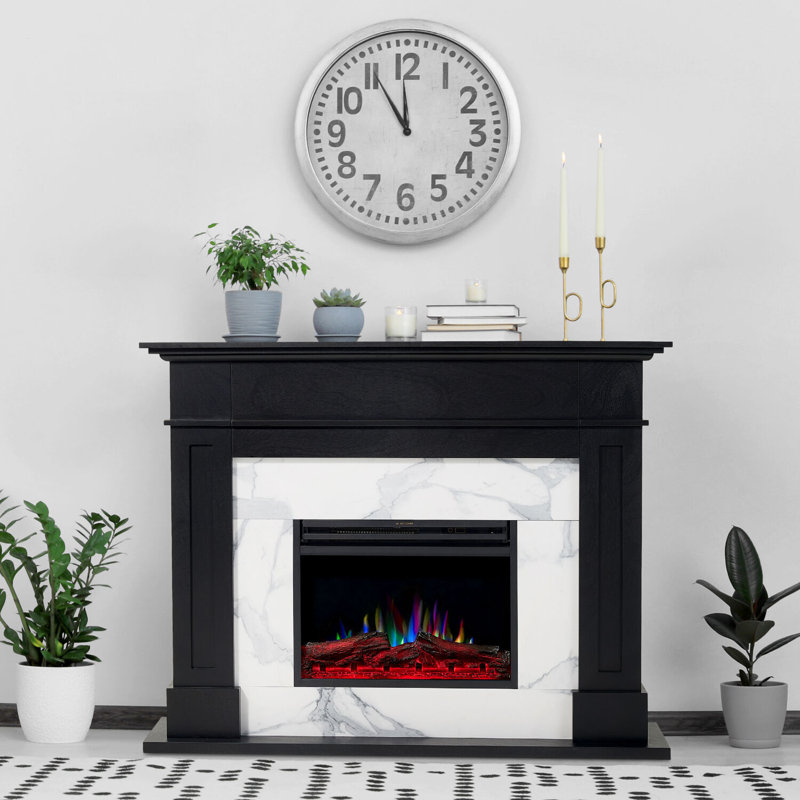 Cambridge Sofia 53-in. Electric Fireplace Mantel with Marble Inlay and Log Display, Black/White