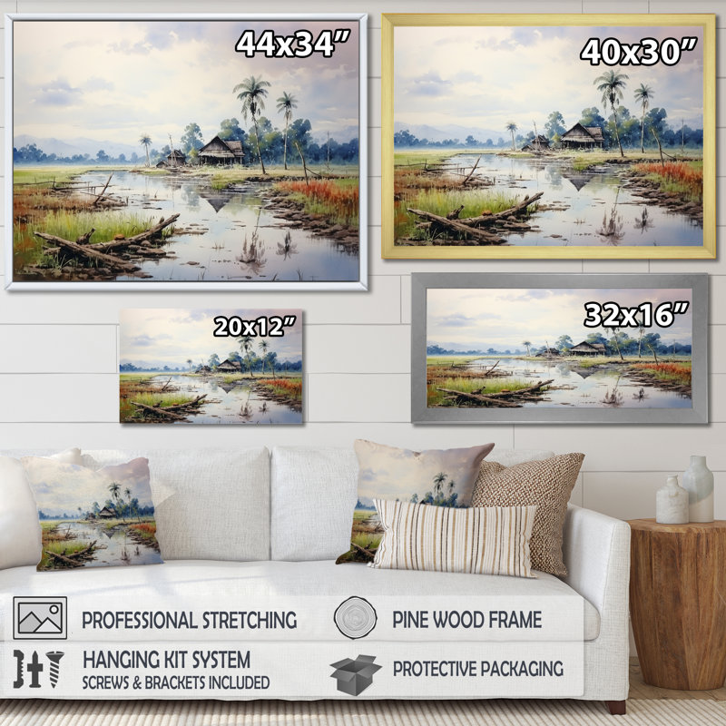 Indonésien sérénité, paysage tranquille - art mural Indonésie, Cadre d'angle fermé noir, H 12 po x l 20 po x P 1 po