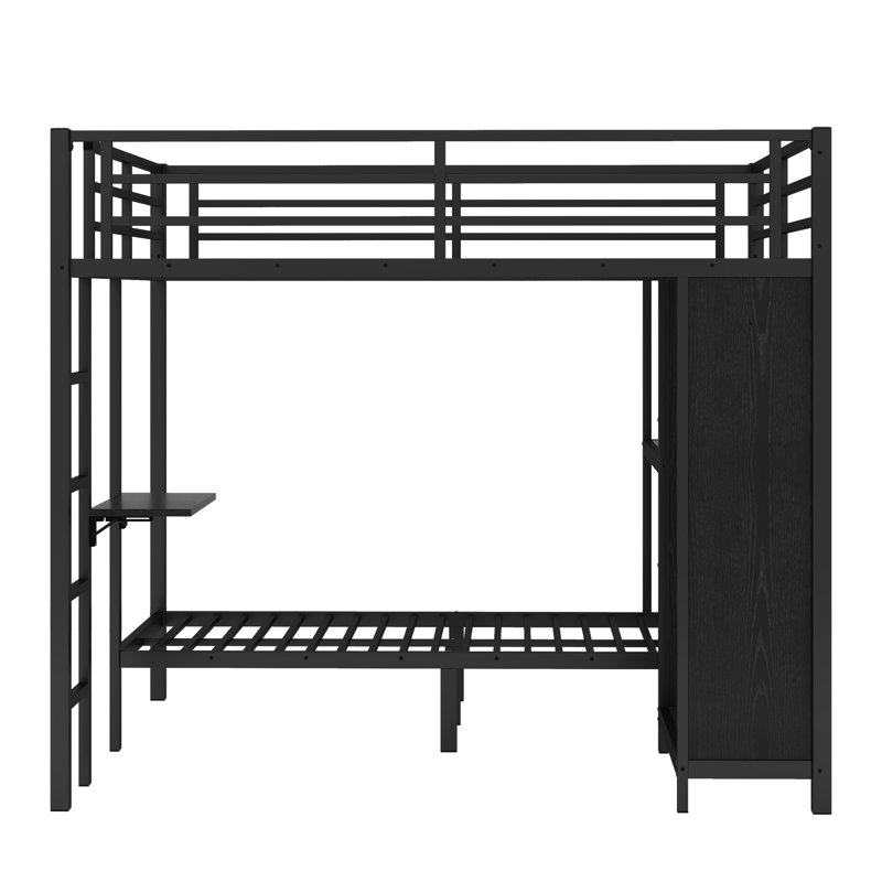 Très grand lit simple au-dessus d'un lit simple avec garde-robe intégrée, lit superposé en métal avec bureau pliable et, noir