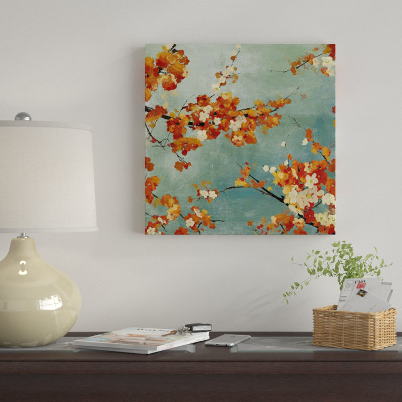 « orange fleurs ii », reproduction sur toile, H 18 po x l 18 po x P 1,5 po, Toile tendue, Pas de tapis