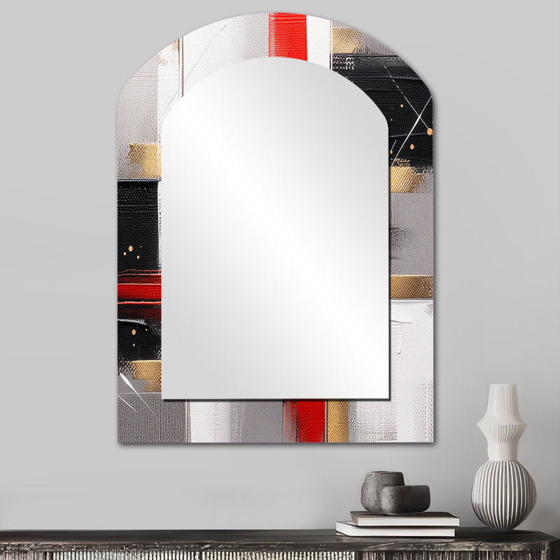 Rouge et or cubique abstrait I - miroir asymétrique cubique, miroir mural décoratif Red Arch, impression sur métal