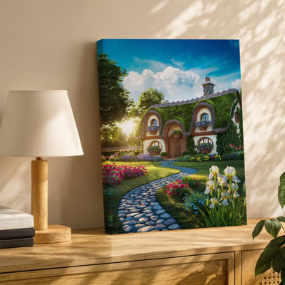 Toile, "Un chalet fantaisiste niché dans un jardin vibrant", art mural