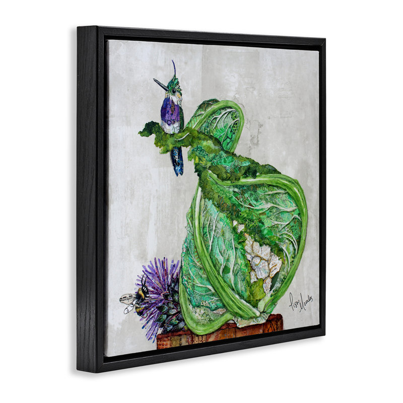 Colibri sur cadre flottant chou-fleur, design par Lisa Morales, Cadre flottant noir de jais, H 18 po x l 18 po