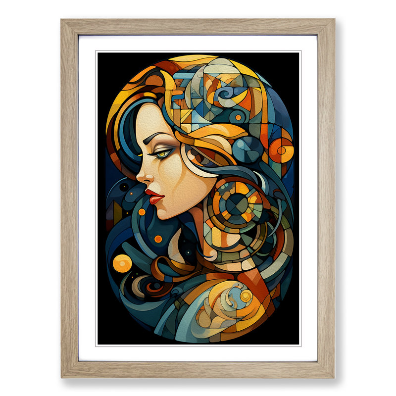 Cancer Zodiac Cubism - Single Picture Frame Print on Wood, 34cm H x 25cm W x 2cm D, Oak Framed