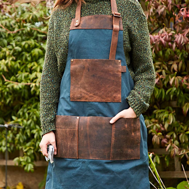 Canvas and Buffalo Leather Apron, Brown/Blue
