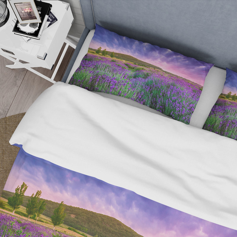 Ensemble de housse de couette campagnard Glorious Sunset Over Blossoming Lavender Field - Microfibre polyester