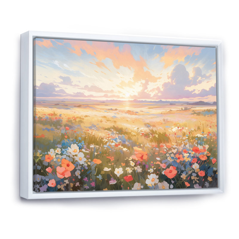 " Coral Beige Wildflower Meadow ", White Floater Framed, 12" H x 20" W x 1" D