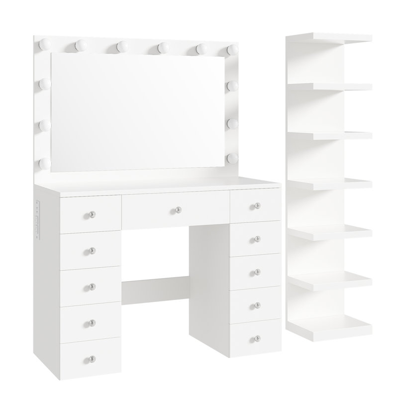 White Makeup Vanity Desk with 11 Drawers, 7-Tier Display Shelf, Hollywood Lights, and Power Outlet