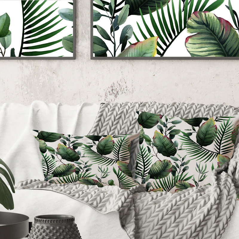 Coussin tropical imprimé feuilles vertes sur fond blanc - imprimé traditionnel, 16 po x 16 po