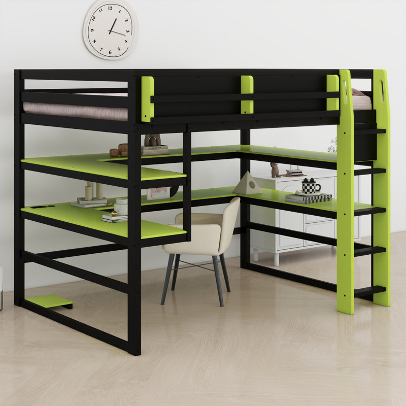 Élégant lit mezzanine en bois avec bureau intégré, support de rangement et lumière RVB, Lit double, Vert