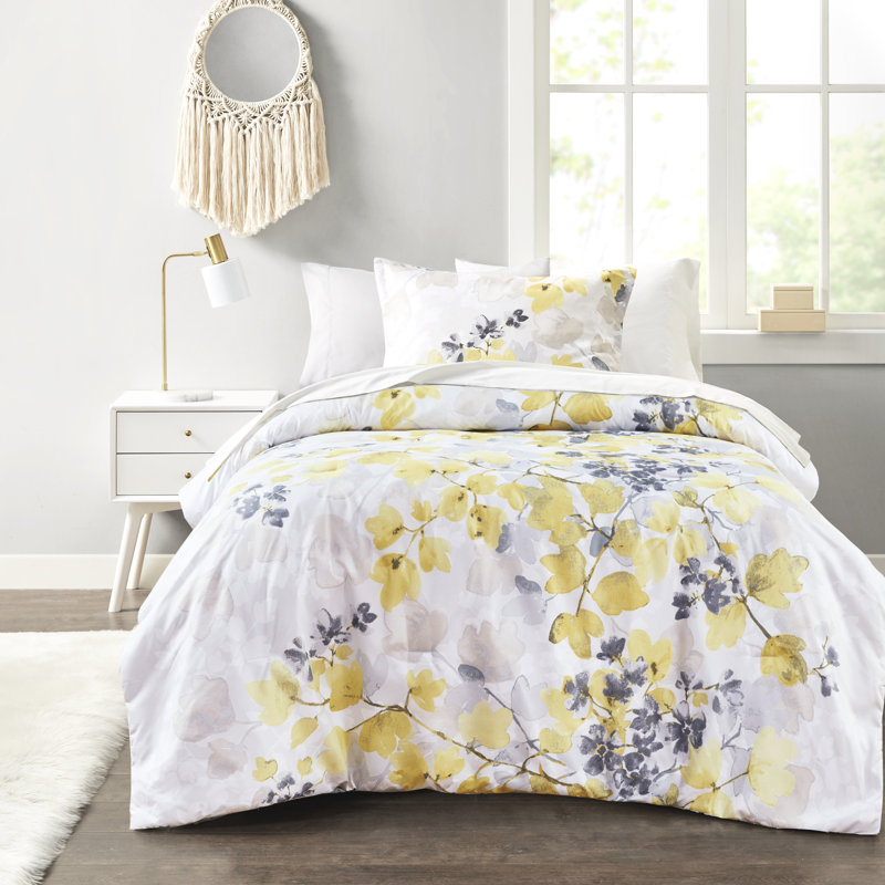 Édredon enchanteur avec draps - Grandes feuilles jaunes et grises de style chic