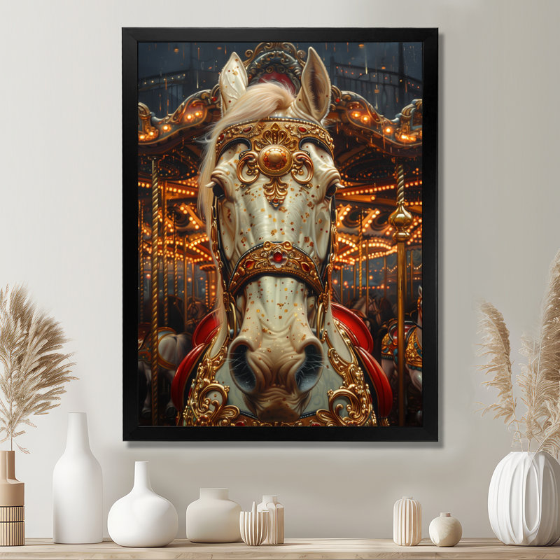 Carrousel de cheval de fée doré blanc doré II - impression d'art mural carrousel, H 20 po x l 12 po x P 1 po