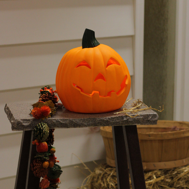 9.75" Orange and Green Plastic Animated Pumpkin Figurine
