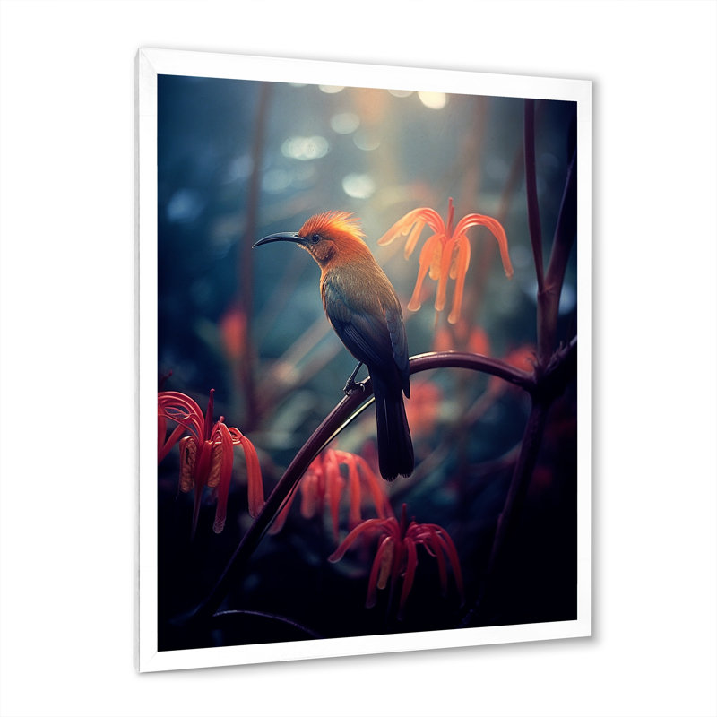 Oiseau jaune sur une fleur de cerisier V sur toile, H 44 po x l 34 po x P 1,5 po, Cadre simple blanc